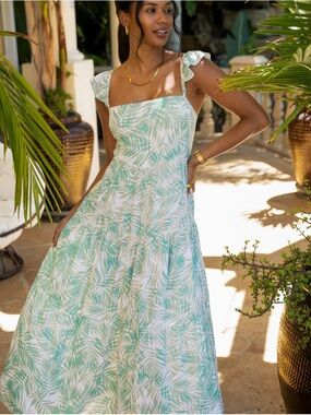 Kenny Flowers Mint Green and White Palm Maxi Dress